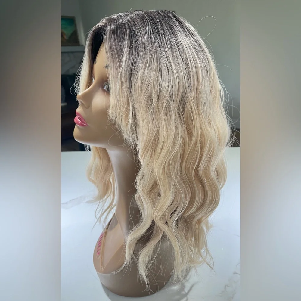 HAIR, 16” Wavy, Center Part, Curtain Bangs, with Eyelashes Ombre to Blonde - Picture 6 of 12